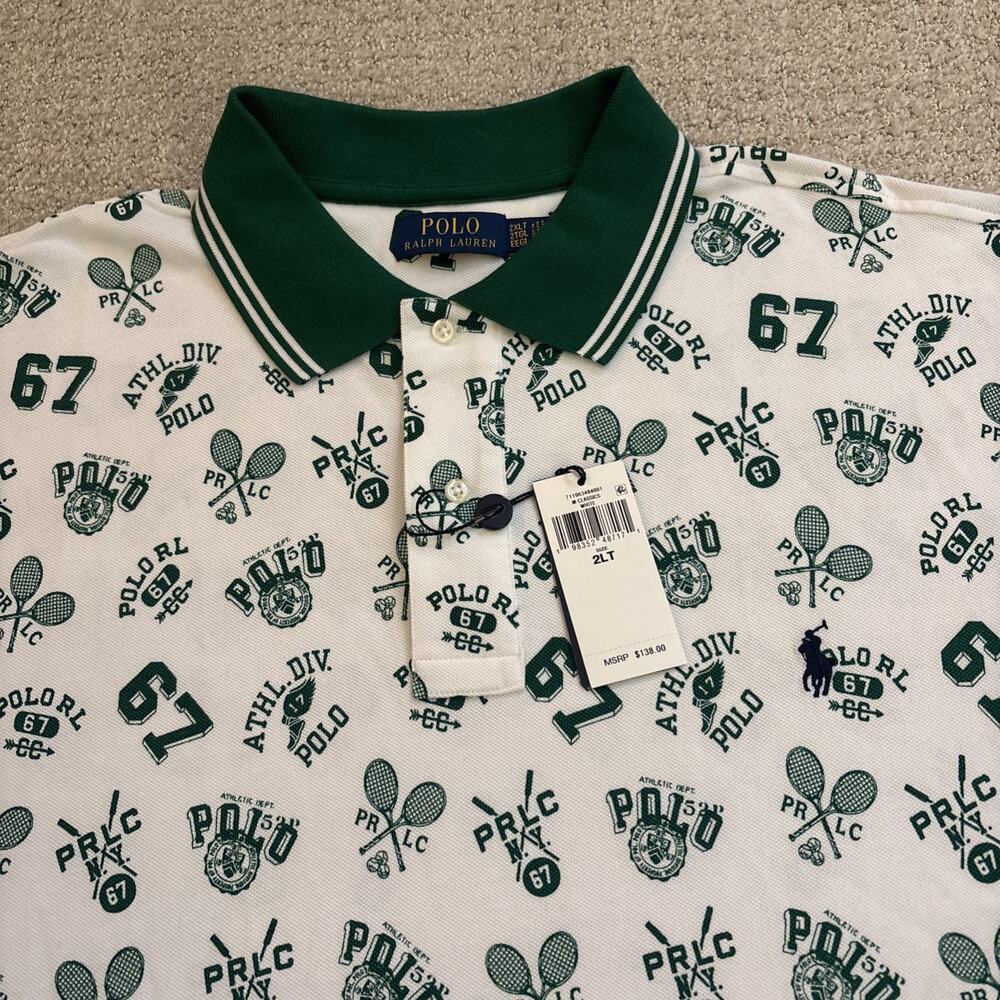Polo Ralph Lauren Polo Shirt Men Sz 2XLT White Tennis 67 All Over Graphic Mesh